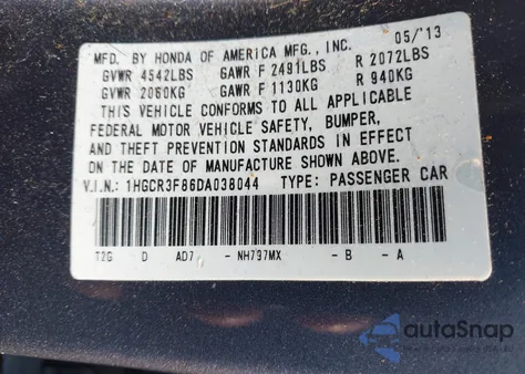 2013 Honda Accord Ex-L V-6 from USA, damaged, VIN 1HGCR3F86DA038044